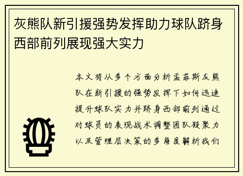 灰熊队新引援强势发挥助力球队跻身西部前列展现强大实力