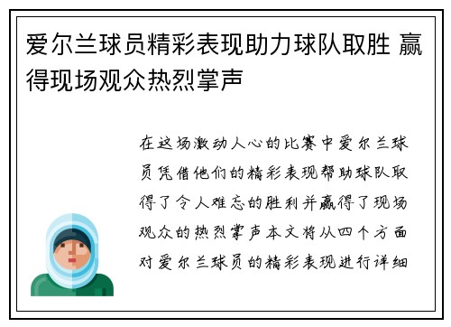 爱尔兰球员精彩表现助力球队取胜 赢得现场观众热烈掌声