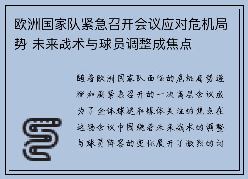 欧洲国家队紧急召开会议应对危机局势 未来战术与球员调整成焦点