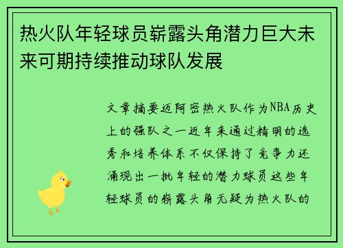 热火队年轻球员崭露头角潜力巨大未来可期持续推动球队发展