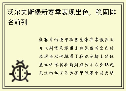 沃尔夫斯堡新赛季表现出色，稳固排名前列