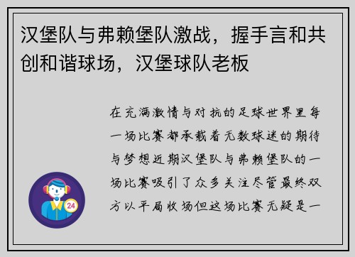 汉堡队与弗赖堡队激战，握手言和共创和谐球场，汉堡球队老板