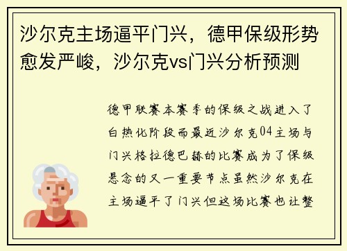 沙尔克主场逼平门兴，德甲保级形势愈发严峻，沙尔克vs门兴分析预测