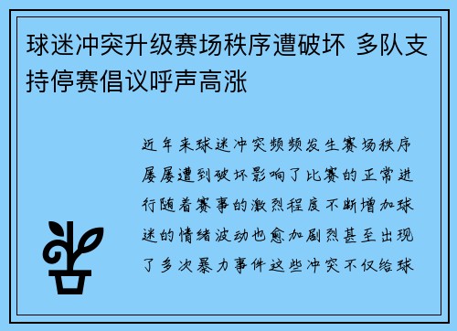 球迷冲突升级赛场秩序遭破坏 多队支持停赛倡议呼声高涨