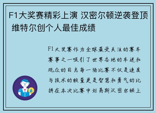 F1大奖赛精彩上演 汉密尔顿逆袭登顶 维特尔创个人最佳成绩