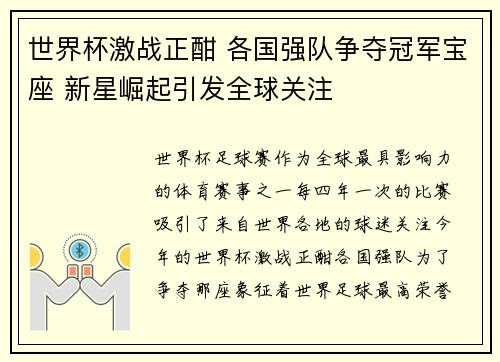 世界杯激战正酣 各国强队争夺冠军宝座 新星崛起引发全球关注