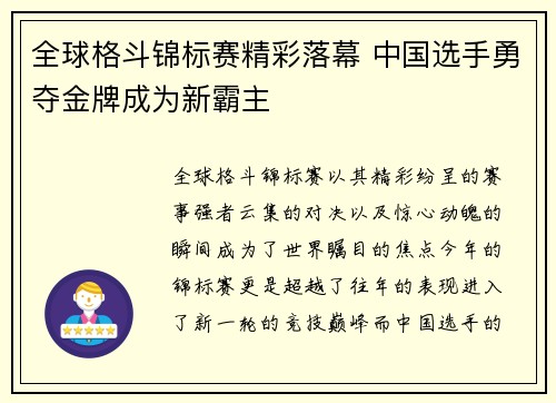 全球格斗锦标赛精彩落幕 中国选手勇夺金牌成为新霸主