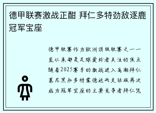 德甲联赛激战正酣 拜仁多特劲敌逐鹿冠军宝座